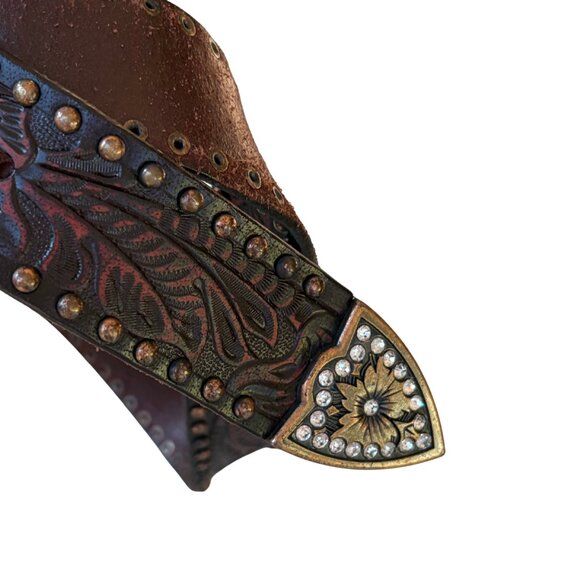 Western Tooled Leather Rhinestone Buckle Belt Brown Studded Small - Picture 5 of 8